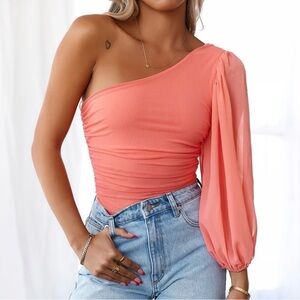 Hello Molly One-Shoulder Coral bodysuit with Puff Sleeve